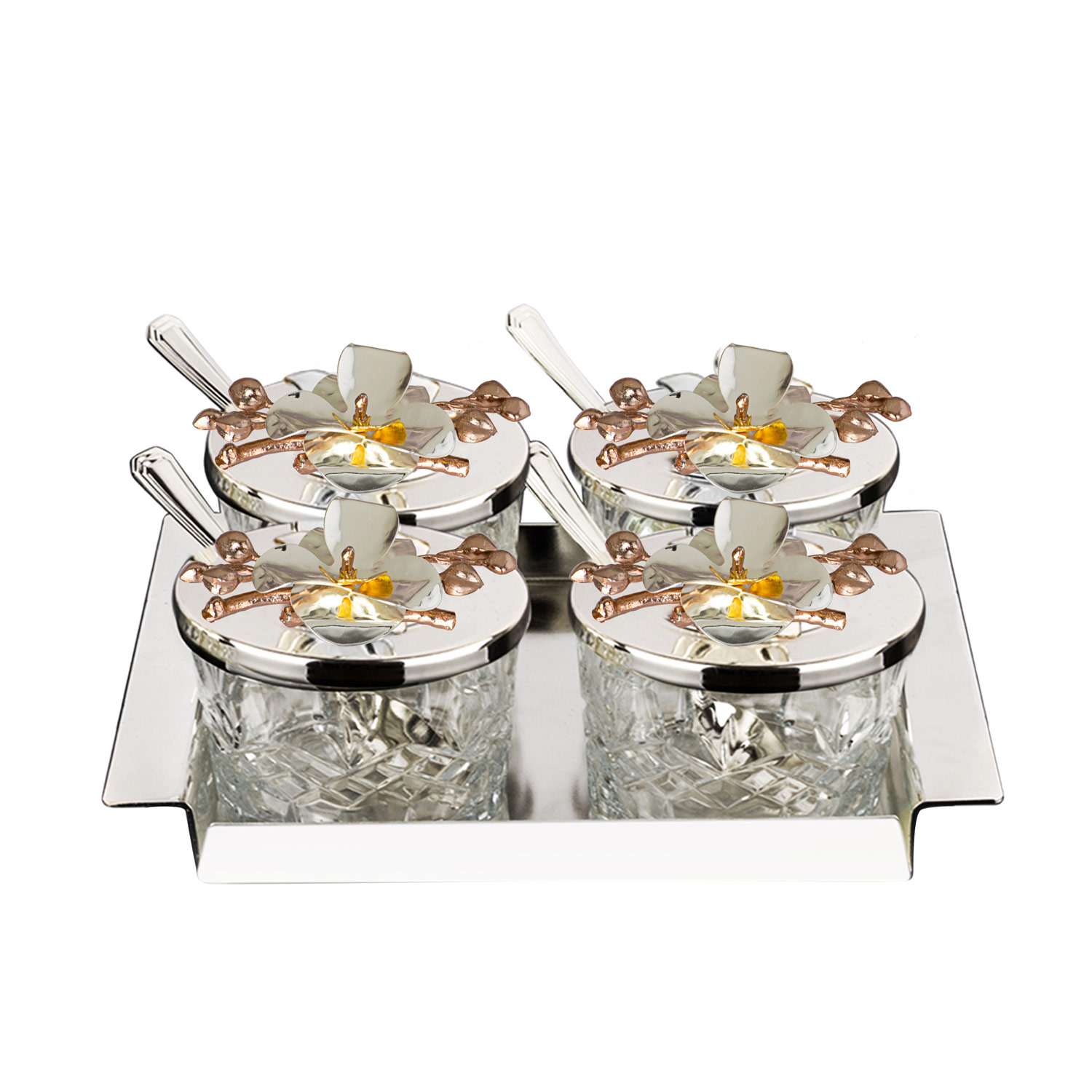 Kapaklı Kristalize Kesme Cam Silindir Dörtlü Reçellik 