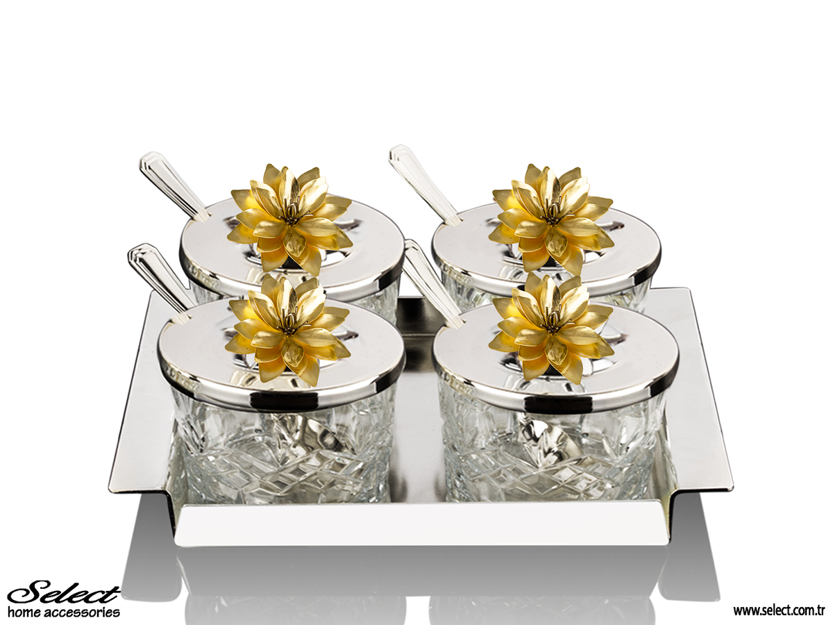 Lotus Kapaklı Kristalize Kesme Cam Silindir Dörtlü Reçellik 21x18cm