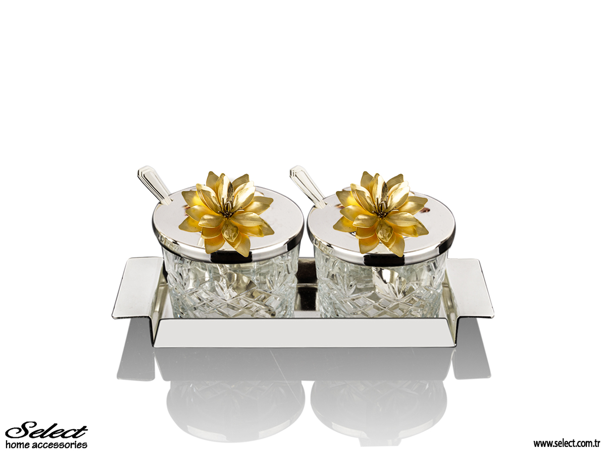 Lotus Kapaklı Kristalize Kesme Cam Silindir İkili Reçellik 22x8cm