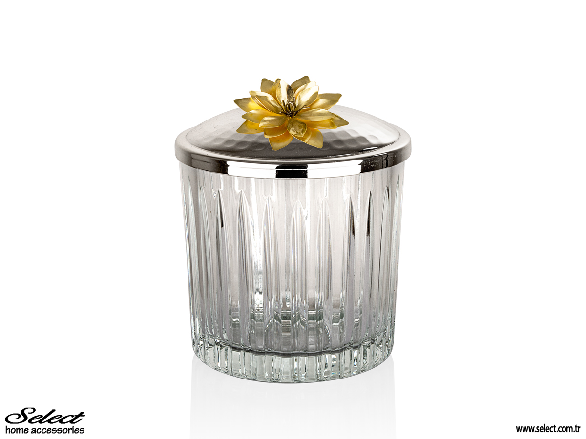 Lotus Kapaklı Kristalize Kesme Cam Silindir Kase 12x12cm