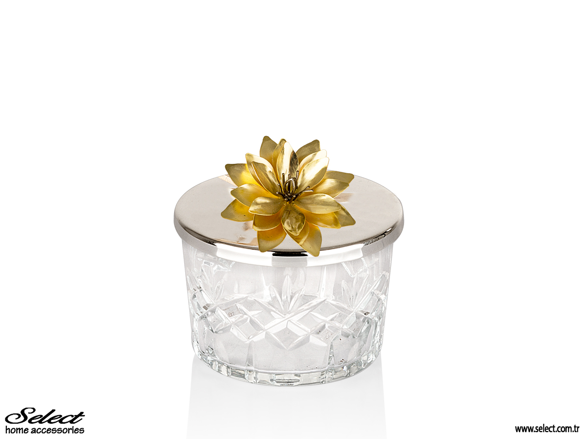 Lotus Kapaklı Kristalize Kesme Cam Silindir Kase 8x6cm