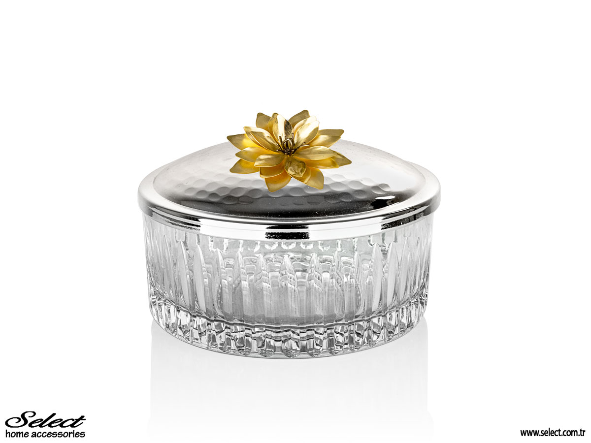 Lotus Kapaklı Kristalize Kesme Cam Yayvan Kase 13x7cm